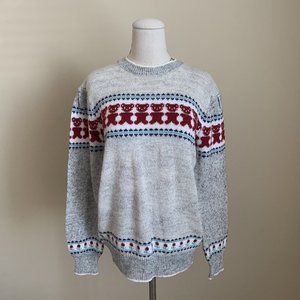 Vintage 80s Teddy Bear and Flower Acrylic Sweater KAWAII CUTE Cottage
